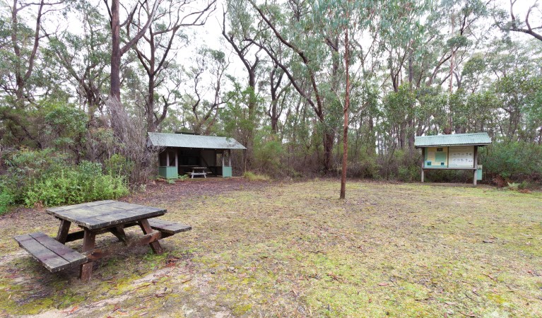 A picnic table, shelter and interpretive sign at Granite picnic area, Washpool National Park. Photo: Rob Cleary &copy; OEH