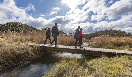 A family cross a footbridge on Platypus Pool walking track, Werrikimbe National Park. Photo: Josh Smith &copy; DPE