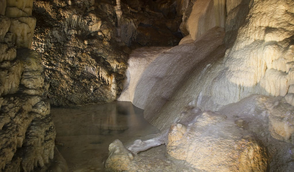 A pool of water surrounded by unique cave formations in Kooringa Cave. Credit: Stephen Babka/DPE &copy; Stephen Babka