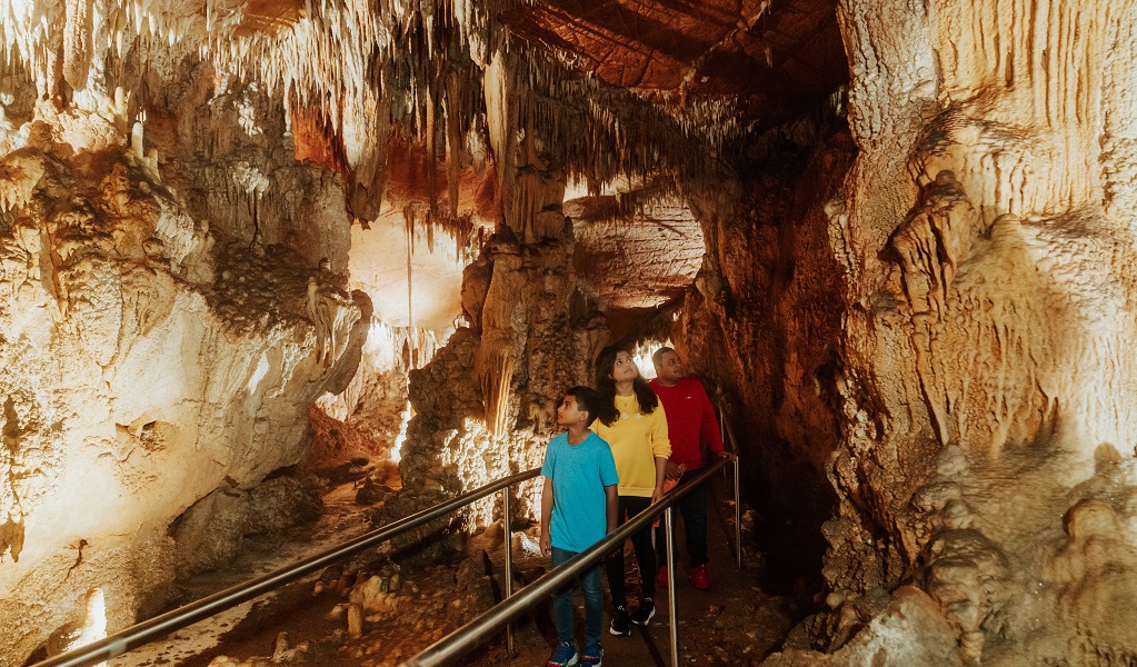 A young boy and his parents look up the wonders of Mulwaree Cave while on a guided cave tour. Credit: Remy Brand/DPE © Remy Brand