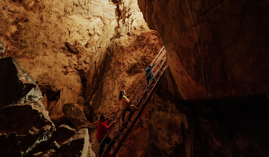 A family climbs a steep fight of steps while on a guided tour of Wollondilly Cave at Wombeyan Caves. Credit: Remy Brand/DPE © Remy Brand