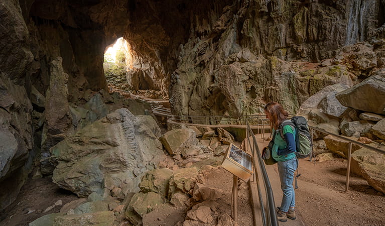 Person reading signage inside the cave known as Victoria Arch. Photo: OEH/John Spencer