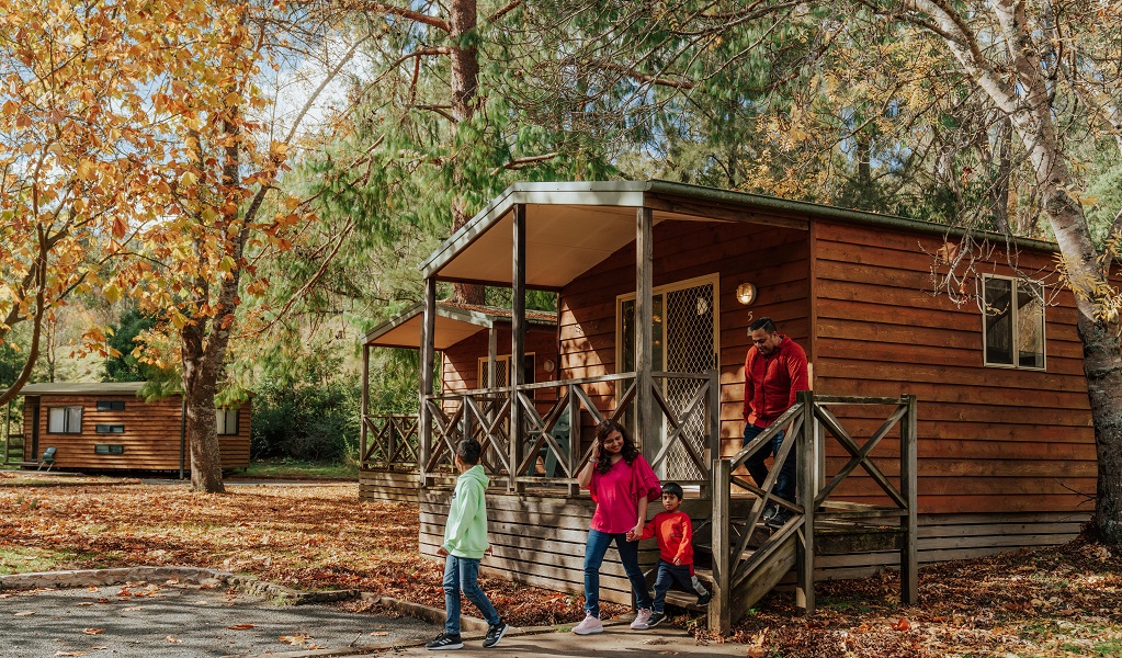 A family set out from their cabin to explore Wombeyan Karst Conservation Reserve. Credit: Remy Brand/DPE &copy; Remy Brand