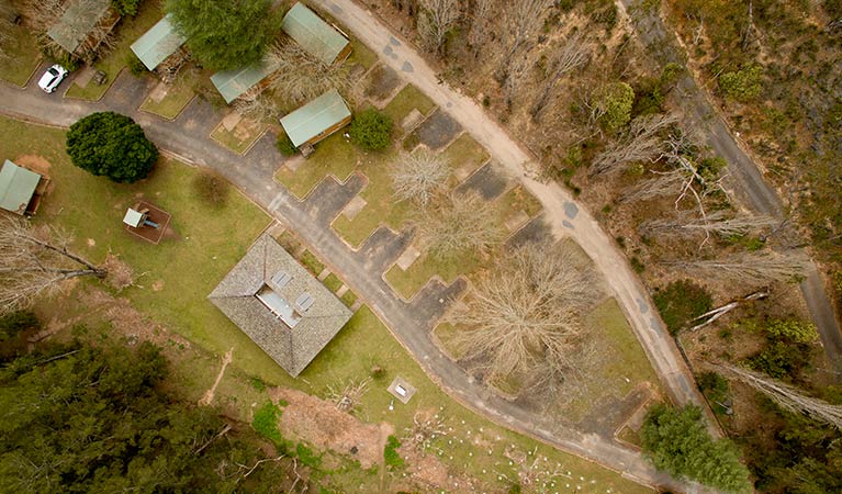 Arial photo showing some of Wombeyan Caves cabins and caravan bays. Photo: OEH/John Spencer