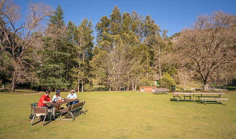 Family sitting together in the sun at a picnic table at Wombeyan picnic area. Photo: OEH/John Spencer