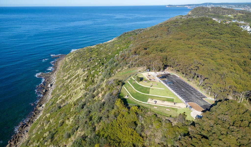 An aerial view of Crackneck Point lookout in Wyrrabalong National Park. Photo: John Spencer &copy; DPE