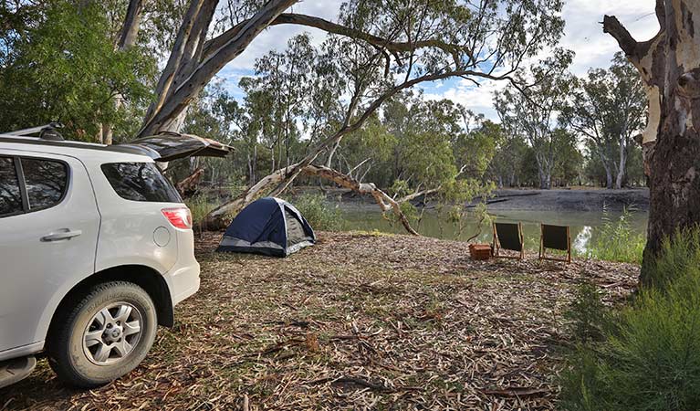 A car and tent beside a river, Woolpress Bend campground, Yanga National Park. Photo: Vision House Photography/OEH