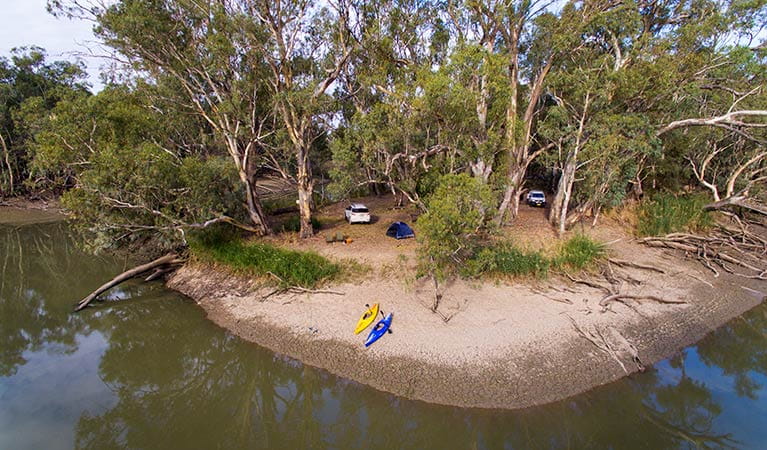 Low aerial view of Murrumbidgee River and Woolpress Bend campground, Yanga National Park. Photo: Vision House Photography/OEH
