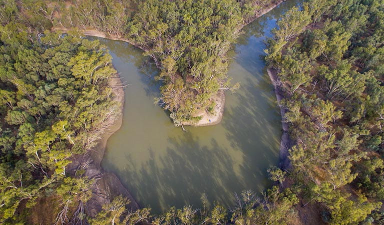 Aerial river view of Woolpress Bend in Yanga National Park. Photo: Vision House Photography/OEH
