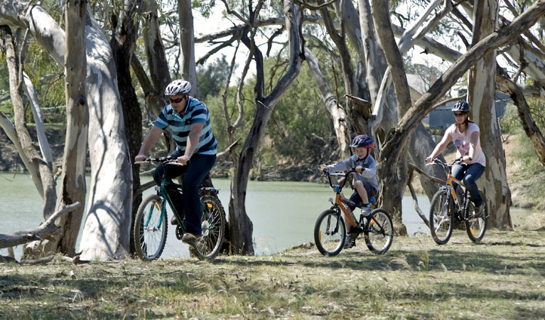 Family cycling beside Lake Yanga. Photo: Boris Hlavica