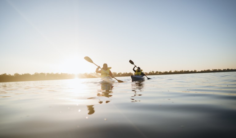 Two people paddling on Yanga Lake in Yanga National Park. Photo: Ain Raadik &copy; OEH and other organisation