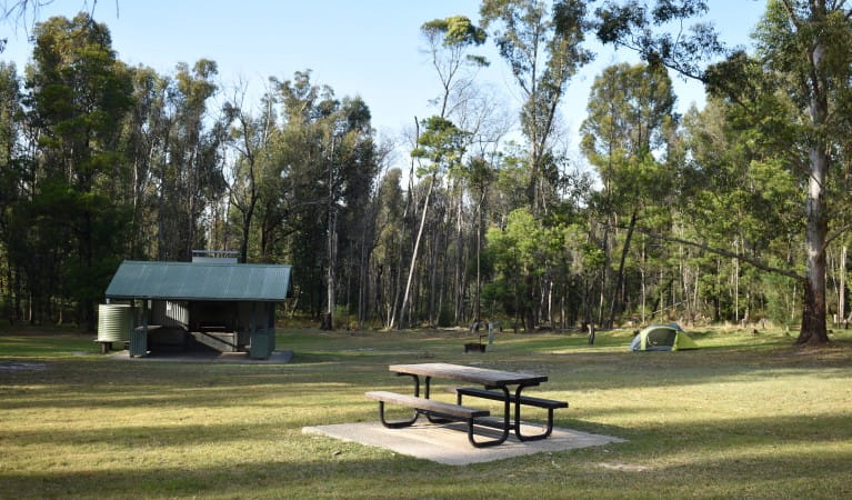 A picnic table and picnic shelter at Mogo campground in Yengo National Park. Photo: Sarah Brookes &copy; DPIE