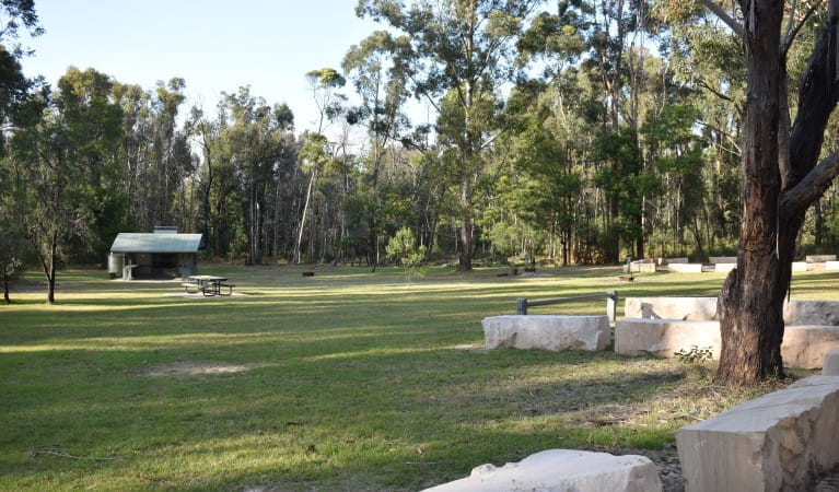 A wide open grassy area with a picnic shelter in the distance at Mogo campground, Yengo National Park. Photo: Sarah Brookes &copy; DPIE