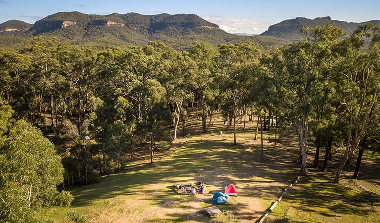 Arial view of campers at Private Town campground in Yerranderie Private Town, Yerranderie Regional Park. Photo: John Spencer/OEH