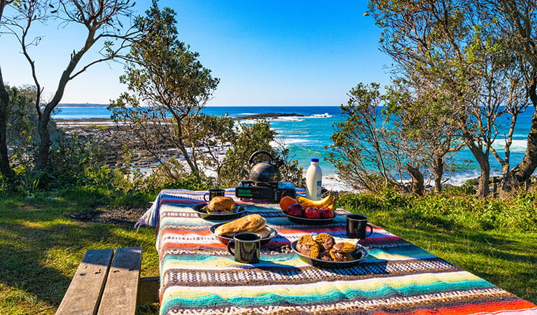 A picnic table filled with a feast, overlooking the beach at Angourie Bay picnic area in Yuraygir National Park. Jessica Robertson &copy; DPIE