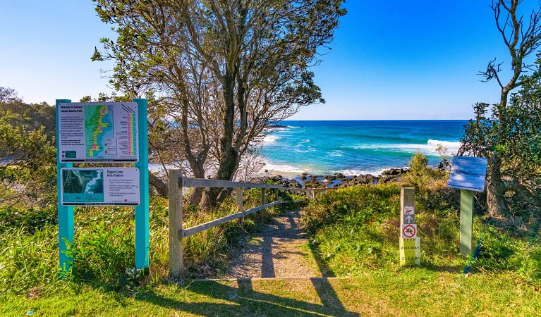 Path leading to beach with signage in foreground and ocean in the background. Photo: Jessica Robertson