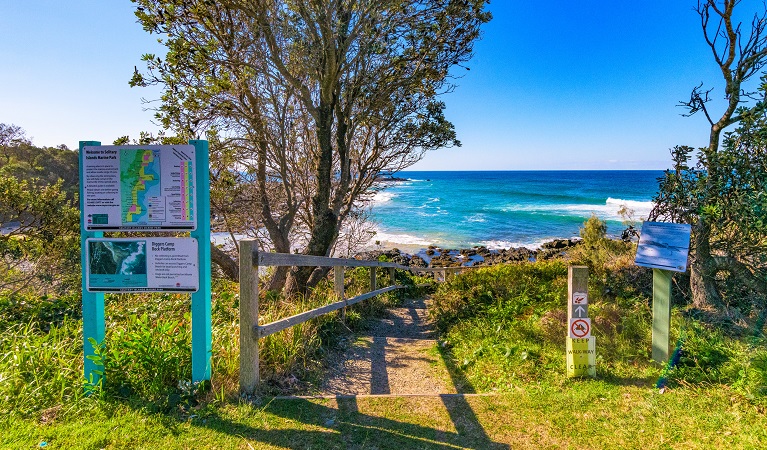 Path leading to beach with signage in foreground and ocean in the background. Photo: Jessica Robertson