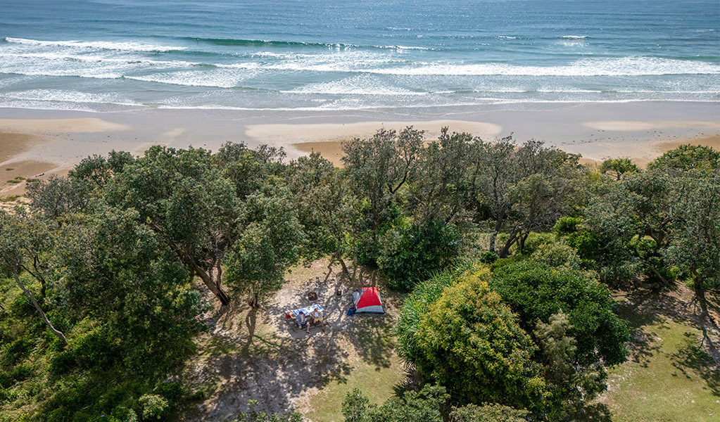 Aerial view of a tent campsite set back from the ocean at Illaroo campground. Credit: John Spencer &copy; DCCEEW