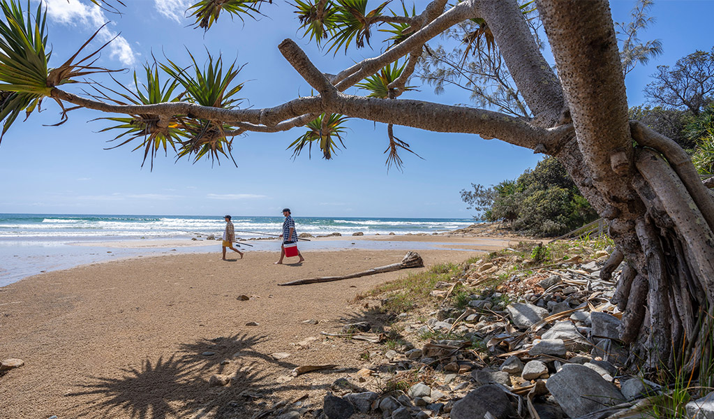 Two people walking on Illaroo-Sandon Beach. Credit: John Spencer &copy; DCCEEW