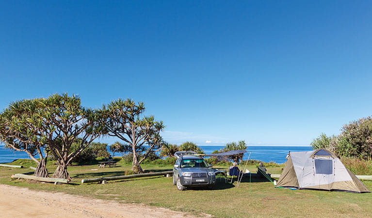 A tent pitched next to a car with the beach in the background at Red Cliff campground in Yuraygir National Park. Photo: Robert Cleary/DPIE
