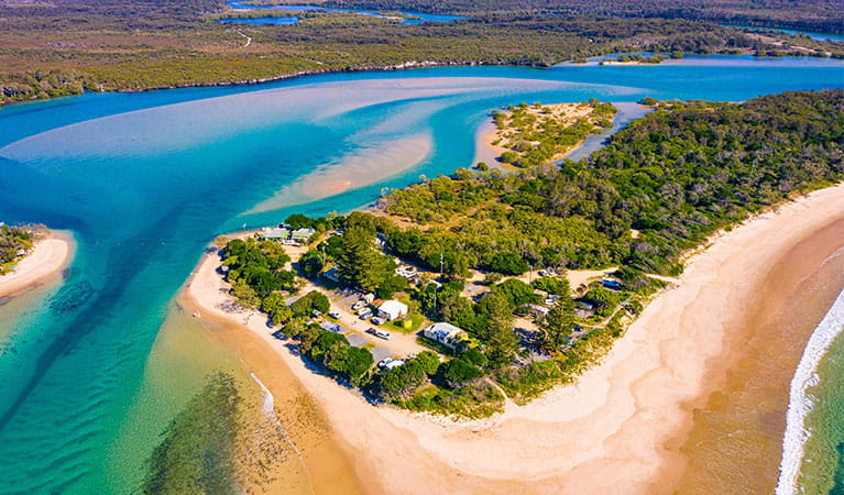 Aerial view of Sandon River campground, Yuraygir National Park. Photo credit: Jessica Robertson &copy; DPIE