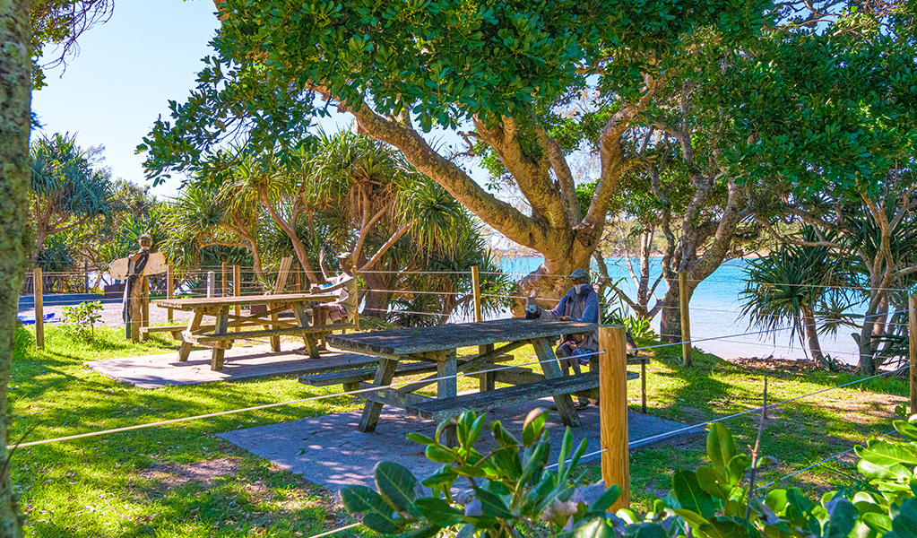 Shaded picnic area at Sandon River campground, Yuraygir coastal walk, Yuraygir National Park. Photo: Jessica Robertson &copy; DPE