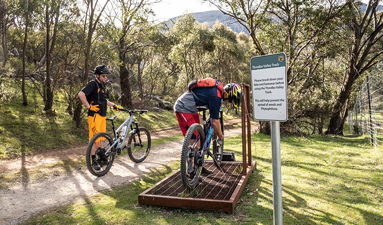 Cyclist brushing down bike and shoes to stop the spread of weeds and pathogens. Thredbo Valley track. Photo: Robert Mulally/DPIE