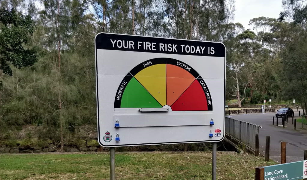 Fire danger rating sign at Lane Cove National Park. Credit: NSW Rural Fire Service