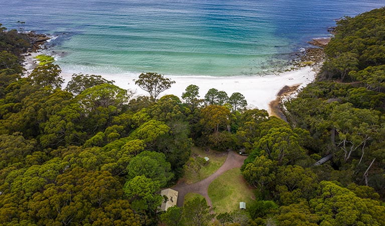 An aerial view of where the picnic area meets Greenfield Beach in Jervis Bay National Park. Photo: John Spencer &copy; DPIE