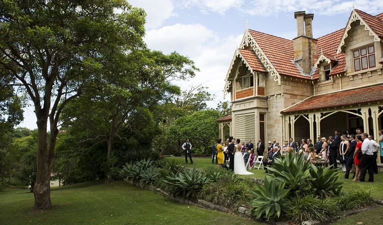 Garden wedding, Greycliffe Gardens, Sydney Harbour National Park. Photo &copy; The Follans