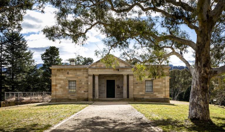 The exterior of Hartley Courthouse, framed by trees in Hartley Historic Site. Photo: Jennifer Leahy &copy; DPIE