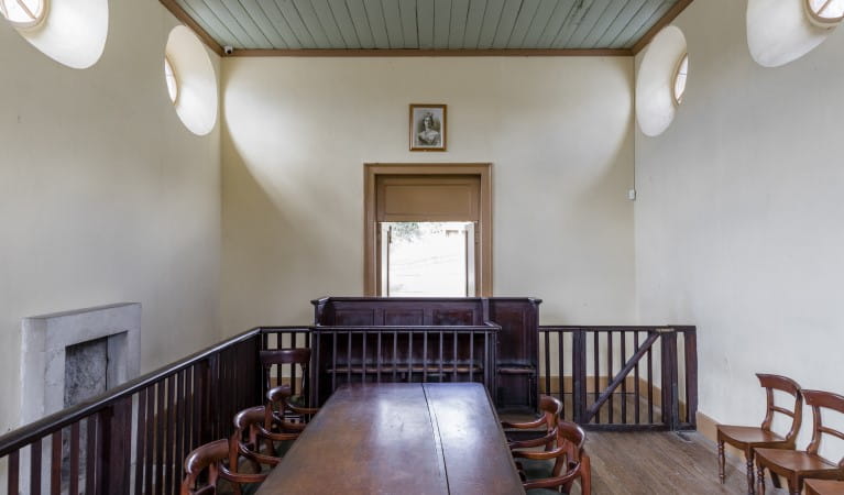 The interior of Hartley Courthouse looking towards the entrance in Hartley HIstoric Site. Photo: Jennifer Leahy &copy; DPIE