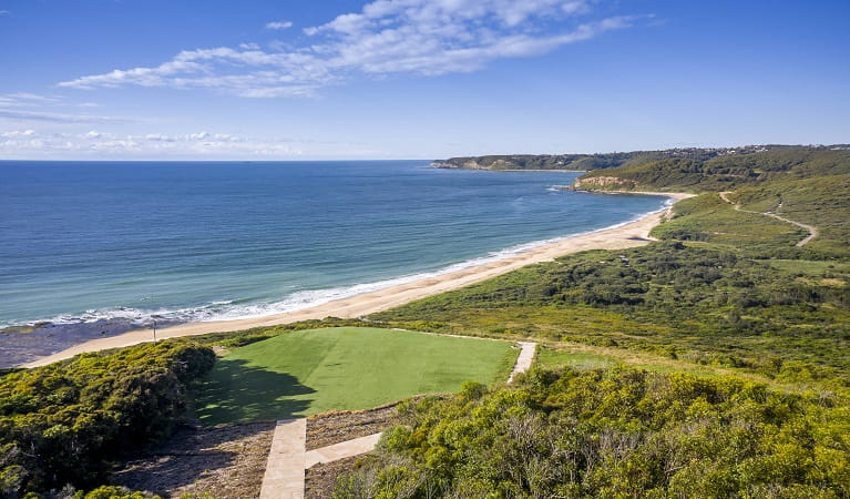 Aerial view of lawn at Hickson Street lookout, with beach,  bushland and ocean in the background.  Photo credit: John Spencer &copy; DPIE  