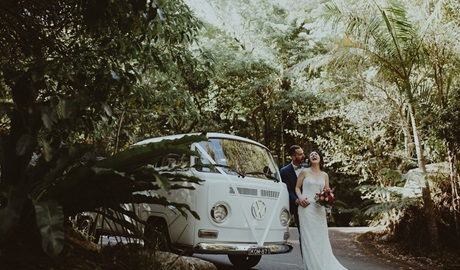 A bride and groom at Minnamurra Rainforest in Budderoo National Park. Photo &copy; Olguin Photography