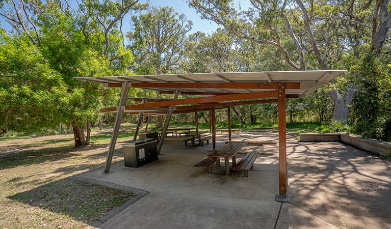 A covered shelter with picnic tables in the grassy picnic area behind Seven Mile Beach. Photo: John Spencer &copy; DPIE
