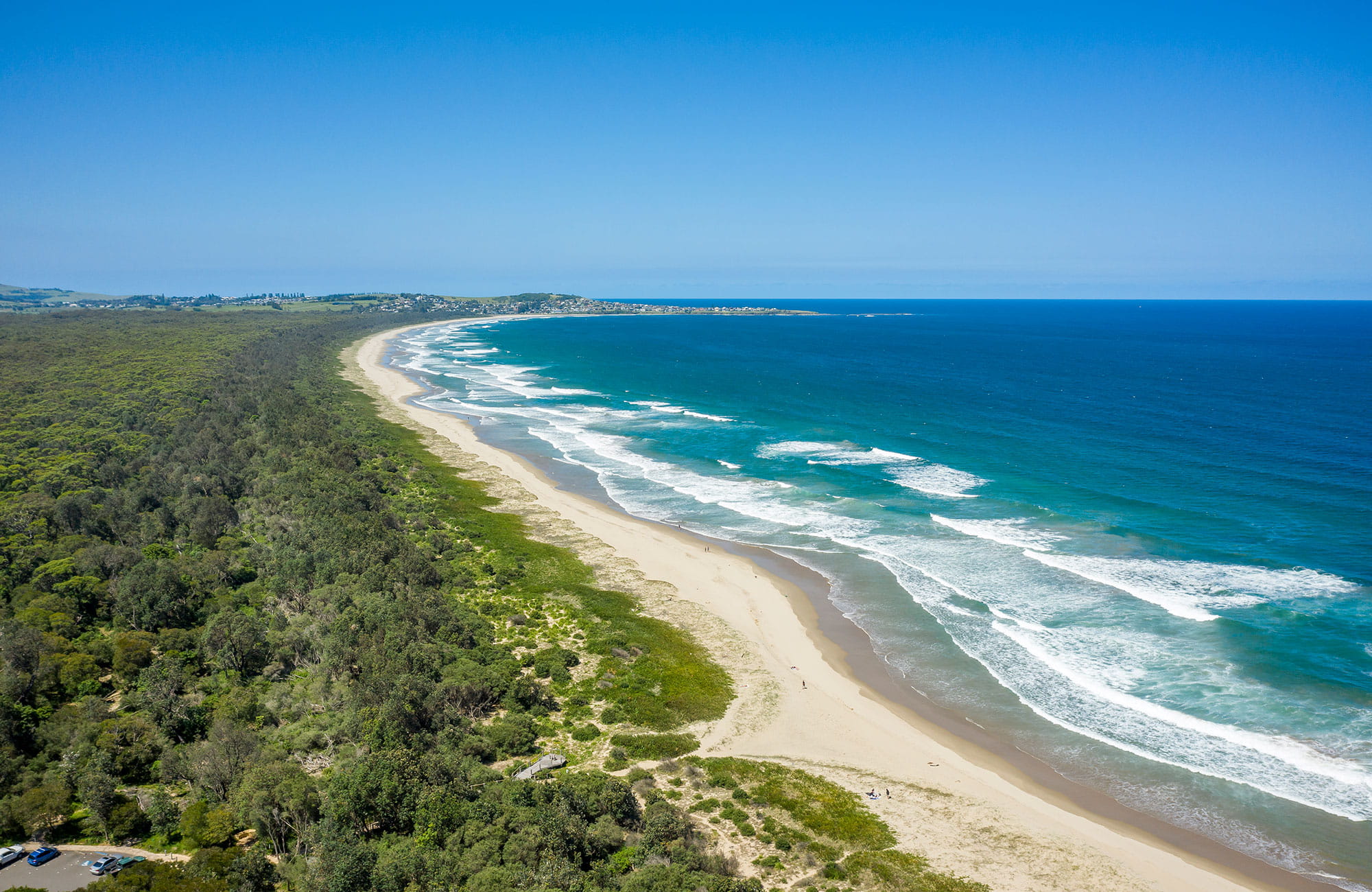 An aerial shot of Seven Mile Beach in Seven Mile Beach National Park. Photo: John Spencer &copy; DPIE
