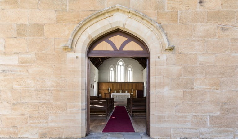 Looking into St Bernard's Church through the main door at Hartley Historic Site. Photo; Jennifer Leahy &copy; DPIE