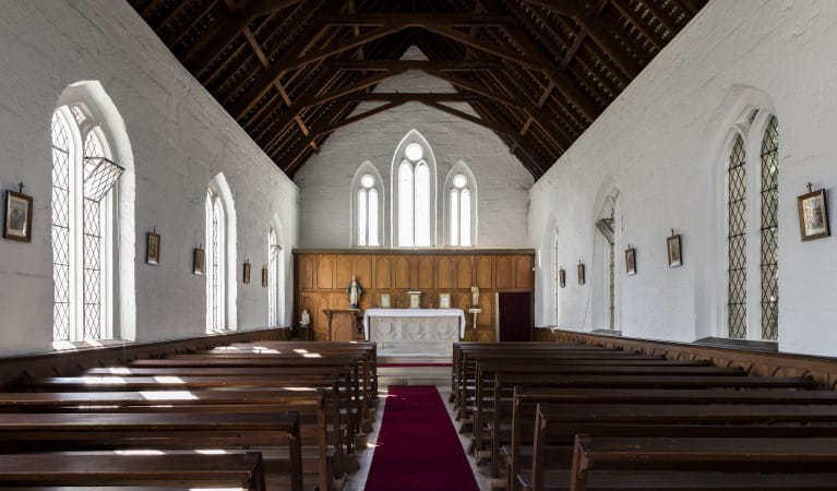 The interior of St Bernard's Church looking towards the altar in Hartley Historic Site. Photo: Jennifer Leahy &copy; DPIE