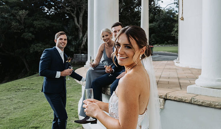 A wedding party outside Strickland House at Strickland Estate in Sydney Harbour National Park. Photo &copy; Matt Horspool