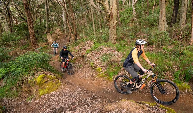 3 mountain bikers, Glenrock State Conservation Area. Photo: John Spencer &copy; DPE