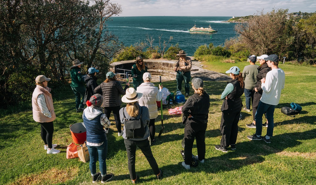Corporate volunteers gather to hear work instructions, Middle Head, Sydney Harbour National Park. Credit: Remy Brand/DCCEEW &copy; the photographer
