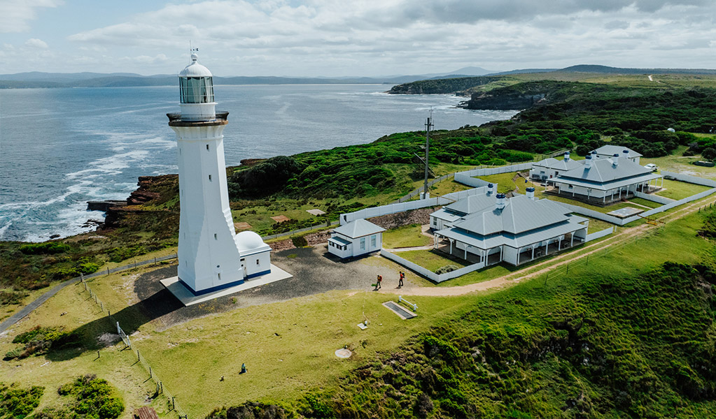 Aerial view of Green Cape Lighthouse and the lighthouse cottages in Beowa National Park. Credit: Daniel Parsons/DCCEEW © Daniel Parsons